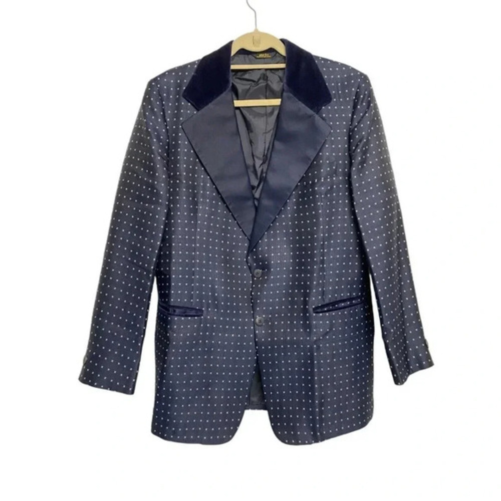 Vintage After Six by Rudofker Navy Polka Dot Suit 1970s Mens Formal Jacket